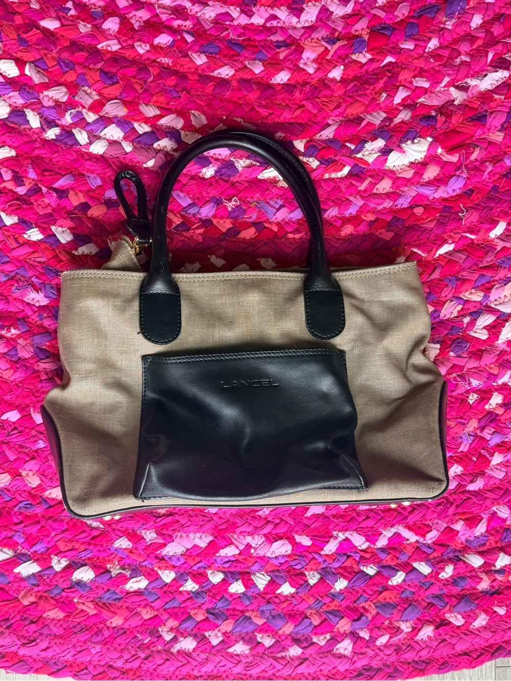 Lancel Beige Canvas Tote with Black Leather Trim